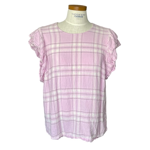 A New Day Pink Plaid Ruffle Sleeve Linen Blend Top SzXXL Lightweight Spring - Picture 1 of 9